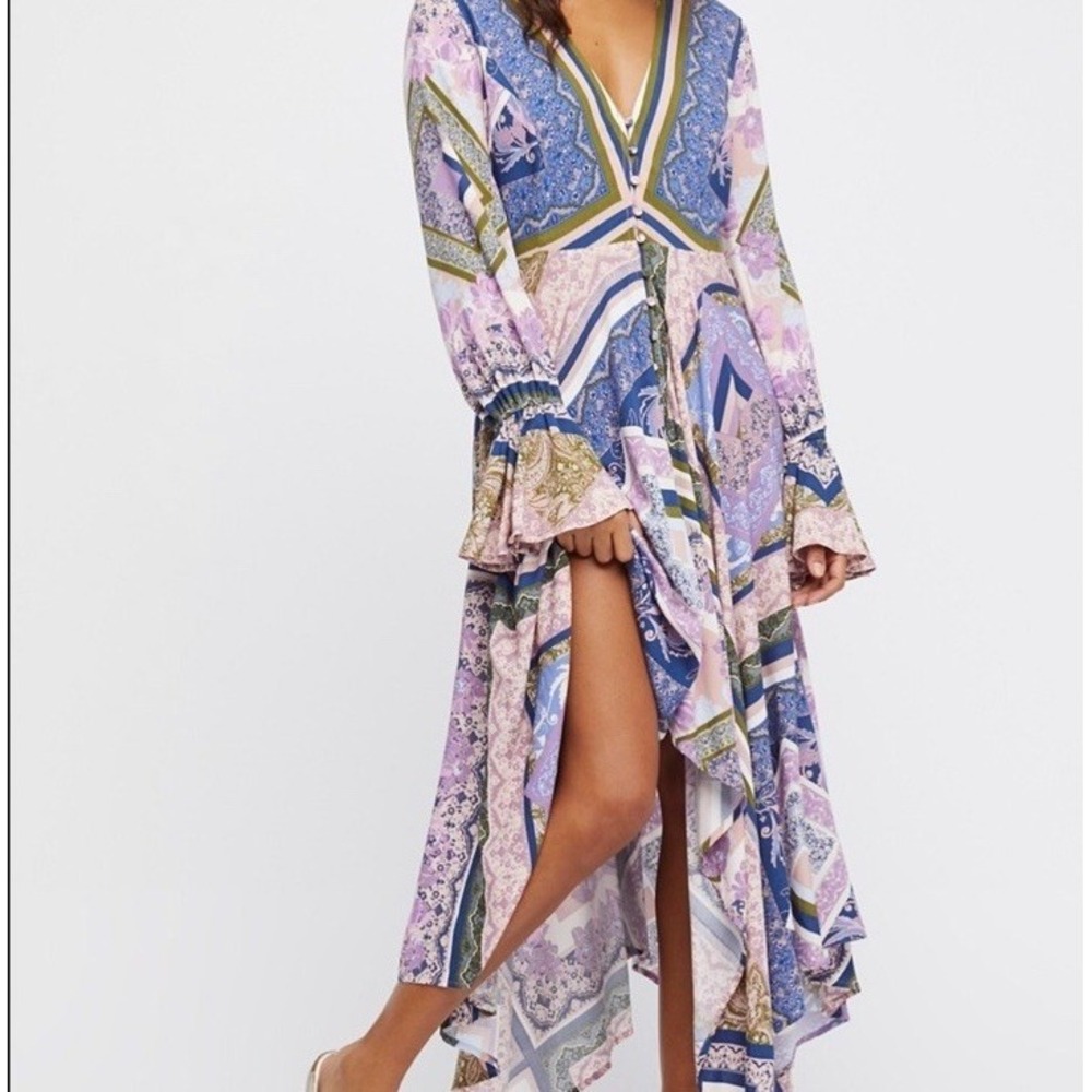Free People Over The Rainbow Patchwork Asymmetrical Maxi Dress XS Bell Sleeves